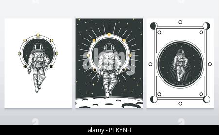 Astronauten Raumfahrer Karten. Mondphasen Planeten im Sonnensystem. astronomische galaxy Raum. kosmonaut Abenteuer erkunden. graviert Hand in alte Skizze gezeichnet, Vintage Style für Label- oder T-Shirt. Stock Vektor