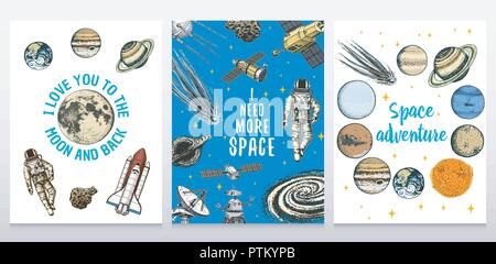 Karte Planeten im Sonnensystem und Astronauten Raumfahrer. Mond und die Sonne, Merkur, Erde, Mars und Venus. astronomische galaxy Raum Hintergrund. graviert Hand in alte Skizze gezeichnet, Vintage Style. Stock Vektor