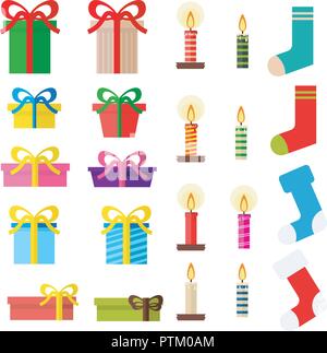 Weihnachten Geschenke, Kerzen und Socken. Vektor einrichten auf das Thema Weihnachten und Neujahr. Stock Vektor