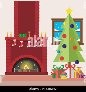 Weihnachten Kamin Zimmer im Innenbereich im farbenfrohen cartoon Flat Style. Weihnachtsbaum, Geschenke, Dekoration, Kamin. Vector Illustration. Stock Vektor