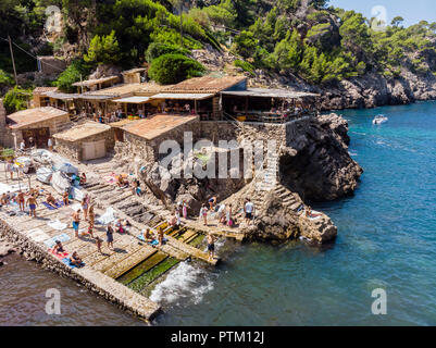 Luftaufnahme, Cala Deia Bucht, Deia, Serra de Tramuntana, Mallorca, Balearen, Spanien Stockfoto