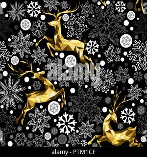 Weihnachten nahtlose Muster mit gold Luxus Low Poly Rentiere und Winter Schneeflocke doodles. Ideal für Weihnachten Grußkarte Hintergrund, neues Jahr oder Web. Stock Vektor