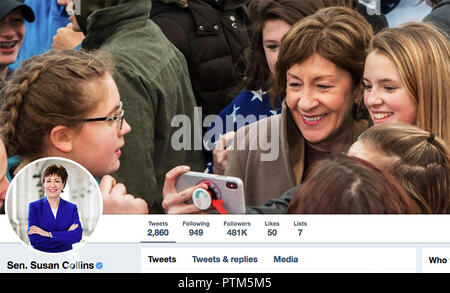 Twitter Seite für Susan Collins. Susan Margaret Collins ist ein US-amerikanischer Politiker als Senior United States Senator für Maine, einen Sitz zu, die sie 1996 zum ersten Mal gewählt wurde. Ein Republikaner, Collins ist der Vorsitzende des Senats Besonderen Ausschuss für Altern und ist eine ehemalige Vorsitzende des Senatsausschusses für Homeland Security und staatliche Angelegenheiten. Stockfoto