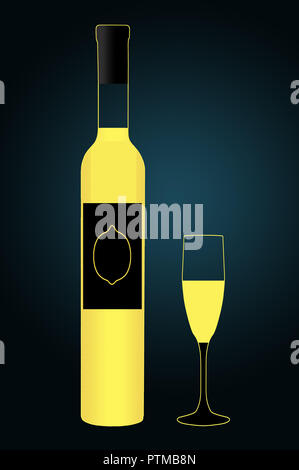 Hier ist eine Flasche und herzlichen Glas Limoncello. Dies ist eine Abbildung. Stockfoto