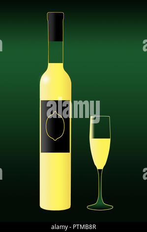 Hier ist eine Flasche und herzlichen Glas Limoncello. Dies ist eine Abbildung. Stockfoto