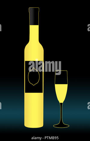 Hier ist eine Flasche und herzlichen Glas Limoncello. Dies ist eine Abbildung. Stockfoto