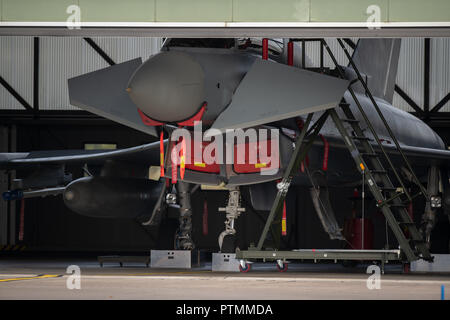 08. Oktober 2018, Mecklenburg-Vorpommern, Laage: ein Eurofighter der Tactical Air Force Squadron 73 teinhoff' in Rostock-Laage steht an der Air Base in einer Halle. Foto: Rainer Jensen/dpa Stockfoto