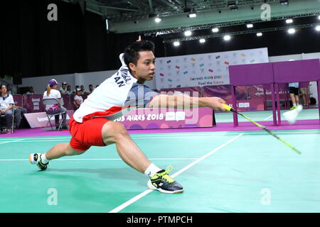 Buenos Aires, Argentinien. 9. Okt., 2018. Kodai Naraoka (JPN), 9. OKTOBER 2018 - Badminton: Männer Singles Gruppe spielen in Buenos Aires 2018 Youth Olympic Games bei TECNOPOLIS PARK in Buenos Aires, Argentinien. Credit: Naoki Nishimura/LBA SPORT/Alamy leben Nachrichten Stockfoto