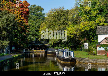 Worsley, Manchester. 10.Oktober 2018. UK Wetter: herrlich warmen Herbst Sonnenschein grüßt morgen Wanderer in Worsley, Manchester als mini Indian Summer im Nordwesten Englands schlägt. Die malerische Bridgewater Canal gebadet in Sonne. Bild von Paul Heyes, Mittwoch, den 10. Oktober 2018. Credit: Paul Heyes/Alamy leben Nachrichten Stockfoto