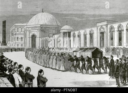 Imperio Otomano. Constantinopla. Entierro del Sultán abdülaziz I (1830-1876). Llegada de la comitiva al Mausoleo del sultán Mahmud II. Grabado de La Ilustración Española y Americana, 30 de Oct de 1876. Biblioteca Histórico Militar de Barcelona. Catalunya, España. Stockfoto