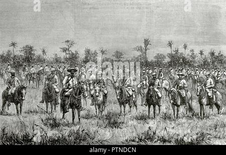 Isla de Cuba. Guerra de los Diez Años o Guerra de Kuba (1868-1878). La primera de las Tres Guerras de Independencia cubana. Freiwilligen españoles en Servicio de exploración por la Manigua. Grabado por Capuz. La Ilustración Española y Americana, 30 de November de 1876. Biblioteca Histórico Militar de Barcelona. Catalunya, España. Stockfoto