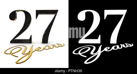 Goldene Zahl 27 (Nummer 27) und die Inschrift Jahre mit Schlagschatten und Alpha Kanal. 3D-Darstellung. Stockfoto