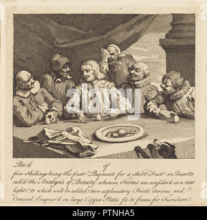 Columbus bricht das Ei. Stand: 1752. Medium: Radierung. Museum: Nationalgalerie, Washington DC. Autor: William Hogarth. Stockfoto