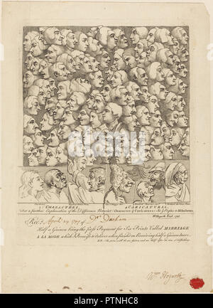 Zeichen und Caricaturas. Stand: 1743. Medium: Radierung. Museum: Nationalgalerie, Washington DC. Autor: William Hogarth. Nach Raphael (Raffaello Sanzio oder Santi). Nach Leonardo da Vinci. Nach Annibale Carracci. Nach Pier Leone Ghezzi. Stockfoto