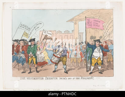 Das Westminster Deserteur Drum 'Aus dem Regiment. Artist: Thomas Rowlandson (Briten, London 1757-1827 London). Maße: Blatt: 11 1/2 x 15 3/4 in. (29,2 × 40 cm) Platte: 9 3/4 × 13 13/16-in. (24,8 × 35,1 cm). Erschienen in: London. Herausgeber: Hannah Humphrey (London). Betrifft: Charles James Fox (British, 1749-1806); Sir Cecil Wray (Briten, Yorkshire 1734-1805 Lincolnshire); Samuel Haus (Briten, aktive Ca. 1780). Datum: 18.Mai 1784. Museum: Metropolitan Museum of Art, New York, USA. Stockfoto