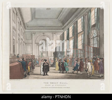 Die große Halle, die Bank von England (Mikrokosmos von London, Platte 7). Artist: entworfen und von Thomas Rowlandson (Briten, London 1757-1827 London) geätzt; konzipiert und von Auguste Charles Pugin (British (Frankreich) geboren, Paris 1768/69-1832 London) geätzt, Aquatinta John Hill (Us (England), London 1770-1850 Clarksville, New York). Maße: Blatt: 9 3/4 x 11 1/2 in. (24,7 x 29,2 cm) Platte: 9 1/4 x 10 7/8 in. (23,5 x 27,7 cm). Herausgeber: Rudolph Ackermann, London (1794-1829). Serie/Portfolio: Mikrokosmos von London. Datum: Februar 1, 1808. Museum: Metropolitan Museum of Art, New York, USA Stockfoto