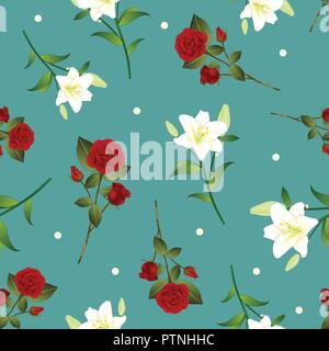 Rote Rose und weiße Lilie Blume Weihnachten Green Teal Hintergrund. Vector Illustration. Stock Vektor