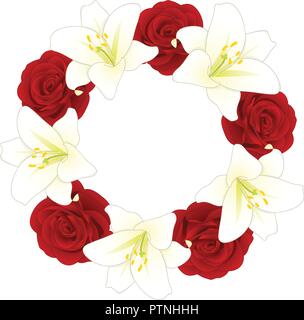 Rote Rose und weiße Lilie Blume Weihnachten Kranz. Vector Illustration. Stock Vektor