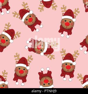 Rentier Weihnachtsmann mit rotem Schal auf Rosa Hintergrund. Vector Illustration. Stock Vektor