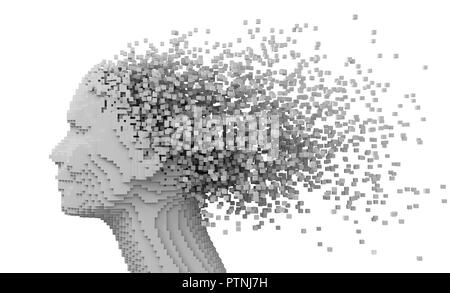 Pixelated Kopf einer Frau und 3D-Pixel wie Haar isoliert auf weißem Hintergrund. 3D-Darstellung.