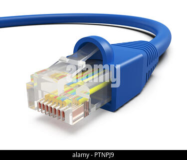 Blau Ethernet Anschlusskabel auf weißem Hintergrund, 3D-Rendering Stockfoto