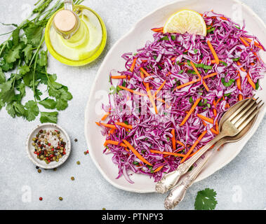 Rotkohl Salat mit Karotten, Kräuter und Olivenöl und Zitronensaft Dressing. Krautsalat. cole slaw. Licht vegetarisches Essen. Selektiver Fokus Stockfoto