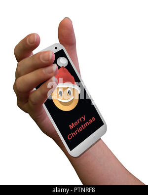 Die menschliche Hand ist mit Handy mit Lachen weihnachten Emoticon. Text frohe Weihnachten. 3D-Darstellung Stockfoto