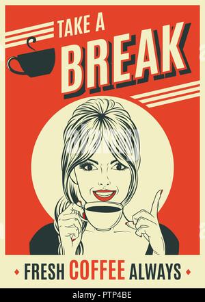 Werbung Kaffee Retro-Poster mit Pop-Art Frau, Vektor-format Stock Vektor
