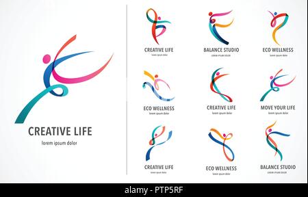 Abstrakte Menschen Logo Design. Fitnessstudio, Fitness, running Trainer Vektor bunte Logo. Aktive Fitness, Sport, Tanzen Web Icon und Symbol Stock Vektor