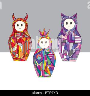 Abstrakte Mädchen Zeichen Vektorgrafiken. Hand gezeichnet Nesting dolls eingestellt. Matrjoschka cartoon im modernen Stil. Stock Vektor