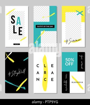 Ein Satz von sechs editierbare Vorlagen für Instagram Geschichten in Neon Gelb, Weiß, Blau und Schwarz mit Platzhalter für Fotos. Stock Vektor