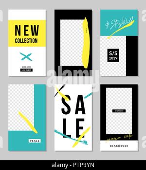 Ein Satz von sechs editierbare Vorlagen für Instagram Geschichten in Neon Gelb, Weiß, Blau und Schwarz mit Platzhalter für Fotos. Stock Vektor