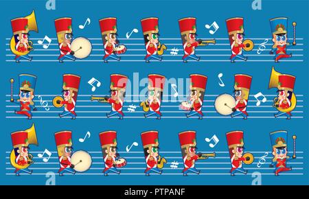 Ein marschierendes cute Brass Band mit verschiedenen Arten von Instrumenten. Mit Farbe und Musik Symbole Hintergrund. Stock Vektor