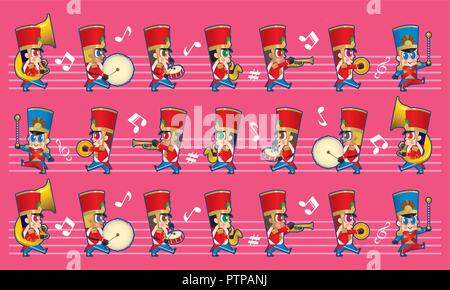 Ein marschierendes cute Brass Band mit verschiedenen Arten von Instrumenten. Mit Farbe und Musik Symbole Hintergrund. Stock Vektor