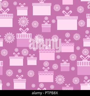 Rosa Verpackung Weihnachten nahtlose Papier mit Boxen und Schneeflocken für Geschenk. Stock Vektor