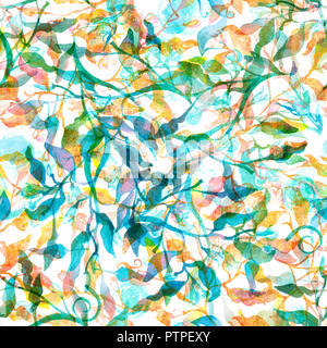 Nahtlose Muster mit verschränkten abstrakte Teal blaue und goldene gelbe Zweige und Blätter und Aquarell Spritzer Stockfoto