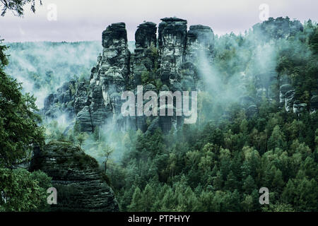 Bastei Felsformationen, Nationalpark Sächsische Schweiz, Deutschland. Misty Landschaft mit Fichtenwald in hipster Vintage Retro Style. Stockfoto