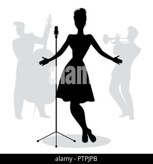 Retro Sängerin Frau Silhouette mit Musikern im Hintergrund Stock Vektor