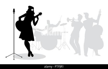 Retro Sängerin Frau Gitarrist Silhouette mit Musikern im Hintergrund Stock Vektor