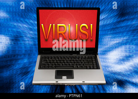 Laptop mit Wort Virus auf dem Bildschirm Stockfoto
