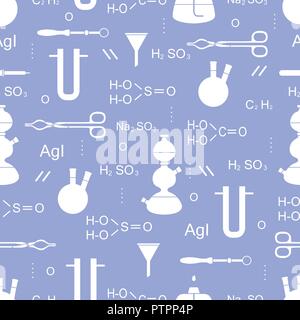 Wissenschaftliche Vektor nahtlose Muster mit Flaschen, Brenner, Trichter, Werkzeuge und Formeln. Bildung Elemente. Chemie, Biologie, Medizin. Stock Vektor
