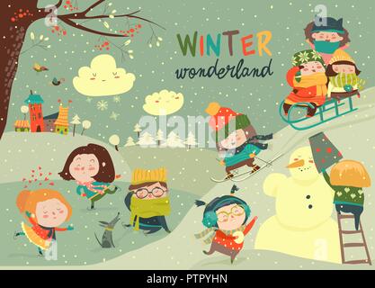 Happy niedliche Kinder spielen winter spiele. Hallo Winter Stock Vektor