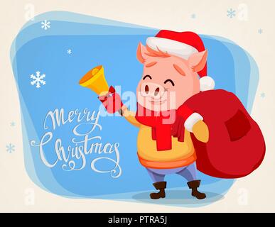 Frohe Weihnachten Grußkarte mit niedlichen Schwein tragen Weihnachtsmann Mütze und Schal. Heiter lustig cartoon Charakter die hand Bell und Tasche. Vektor illu Stock Vektor