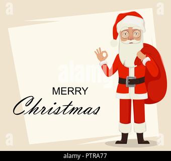 Frohe Weihnachten. Santa Claus mit Ok. Fröhliche cartoon Charakter. Verwendbar für Grußkarten, Banner, Poster, Flyer, Label oder Tag. Vektor illust Stock Vektor