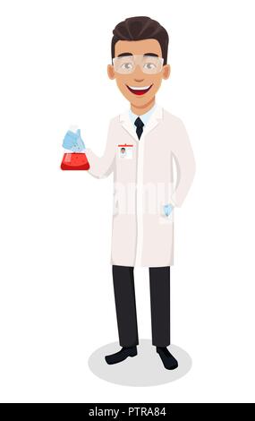 Wissenschaftler Mann. Stattliche Zeichentrickfigur holding Kolben. Vector Illustration auf weißem Hintergrund. Stock Vektor