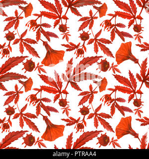 Aquarell cranberry Hibiscus Garten nahtlose Muster. Blumen und Blüten sowie deren Knospen an einem Ast. Stockfoto