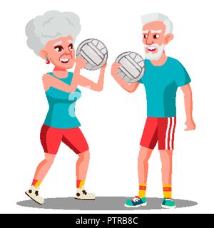 Aktive ältere Mann und Frau Ball spielen Vektor. Isolierte Abbildung Stock Vektor