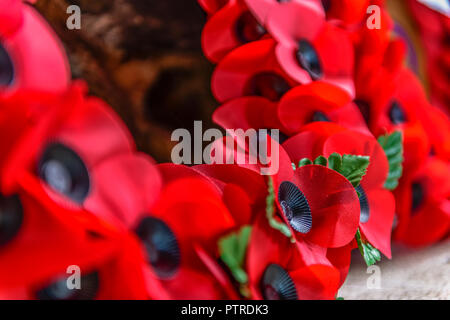 Ein Mohn Kranz niedergelegt am Fuße eines Weltkriegs Gedenken Denkmal. Stockfoto