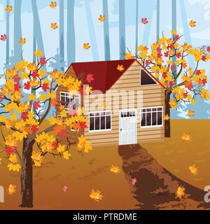 Holz haus Vektor Herbst Hintergrund Abbildung. Herbst Stock Vektor