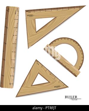 Holz- Herrscher Zeichnung eingestellt Vektor realistisch. Winkelmesser, Dreiecke isoliert auf Weiss. Metrisches Maßsystem imperial Stock Vektor